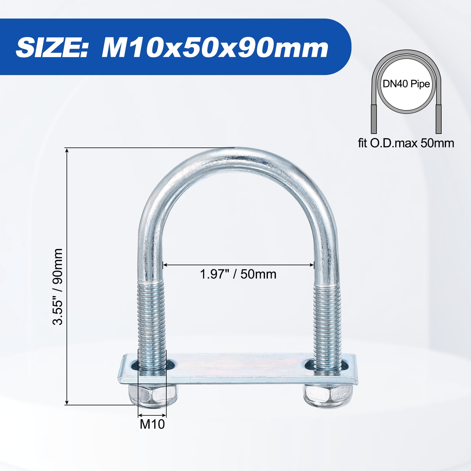 U Bolts 4Set (M10x50x90mm), Round U Bolt Kits DN40 Carbon Steel with Nylon Lock Nut Washers Plates - for Construction, Pipe, Trailer, Automotive, Leaf Spring Fastener
