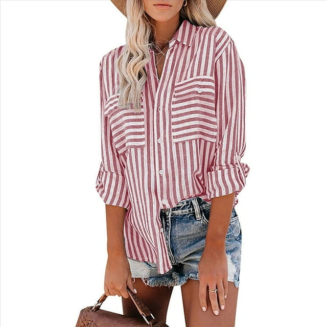 Camisas A Rayas con Botones para Mujer, Blusas Casuales de Larga con Cuello en V y Bolsillos Rosa Roja XL
