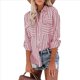 thumbnail image 1 of Camisas A Rayas con Botones para Mujer, Blusas Casuales de Larga con Cuello en V y Bolsillos Rosa Roja M, 1 of 6