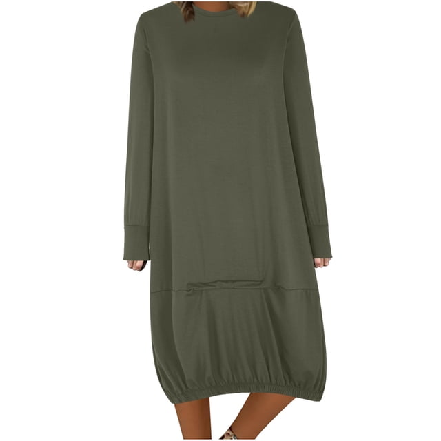 50 % de Réduction! Robes Décontractées pour Femmes, Robe Décontractée Unie à Manches Longues Col Rond Vert L
