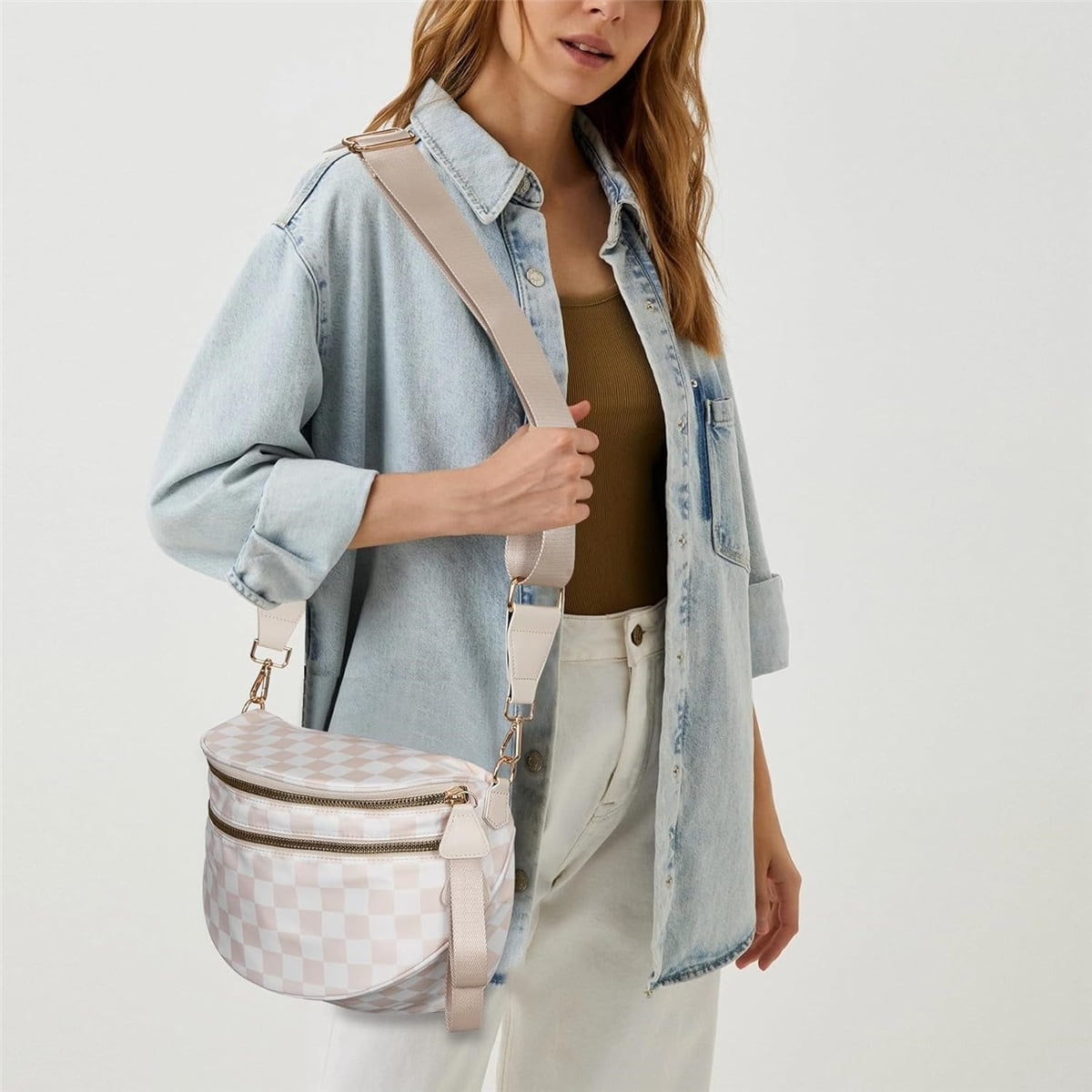 Luxury Checkered Crossbody Bag,Spacious Bum Bags for Women Nylon Crossbody Fanny Packs Checkered Purse Belt Wallet