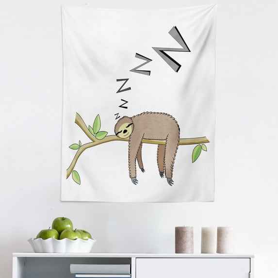 Sloth Tapestry, Arboreal Mammal Sleeping on Branch in Forest Lazy Mood Resting Relaxing Theme, Fabric Wall Hanging Decor for Bedroom Living Room Dorm, 5 Sizes, Grey Green Brown, by Ambesonne