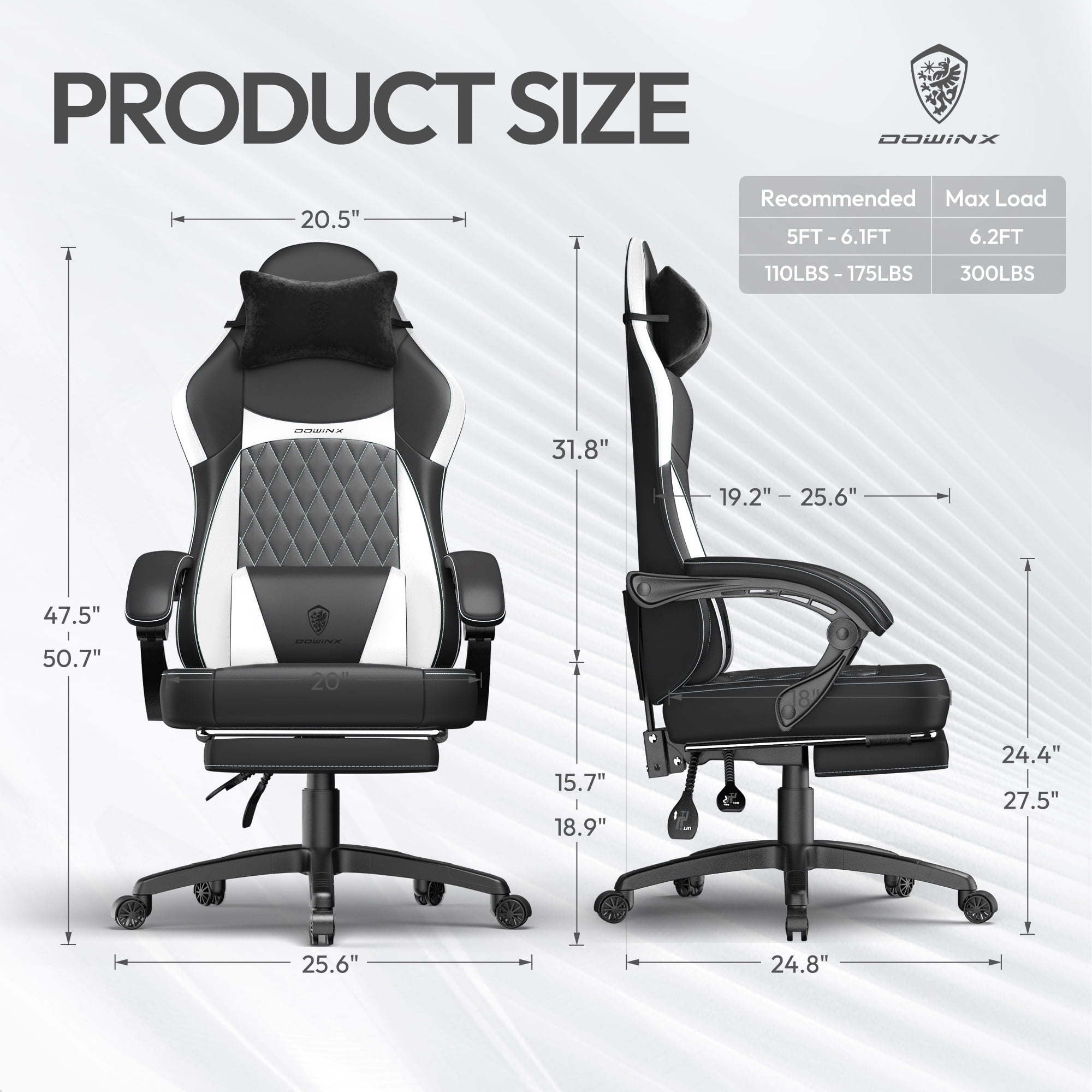 KARXAS Adult Gaming Chair Faux Leather PC Gaming Chair with Footrest and Lumbar Support, Black and White