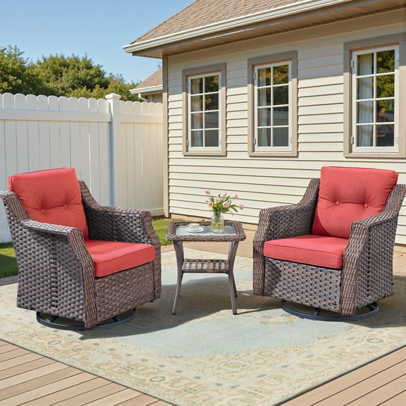 Lumiinofami 3 Pieces Patio Furniture Set, Outdoor Wicker Swivel Gliders Rocking Chairs with Glass Top Side Table (Red)