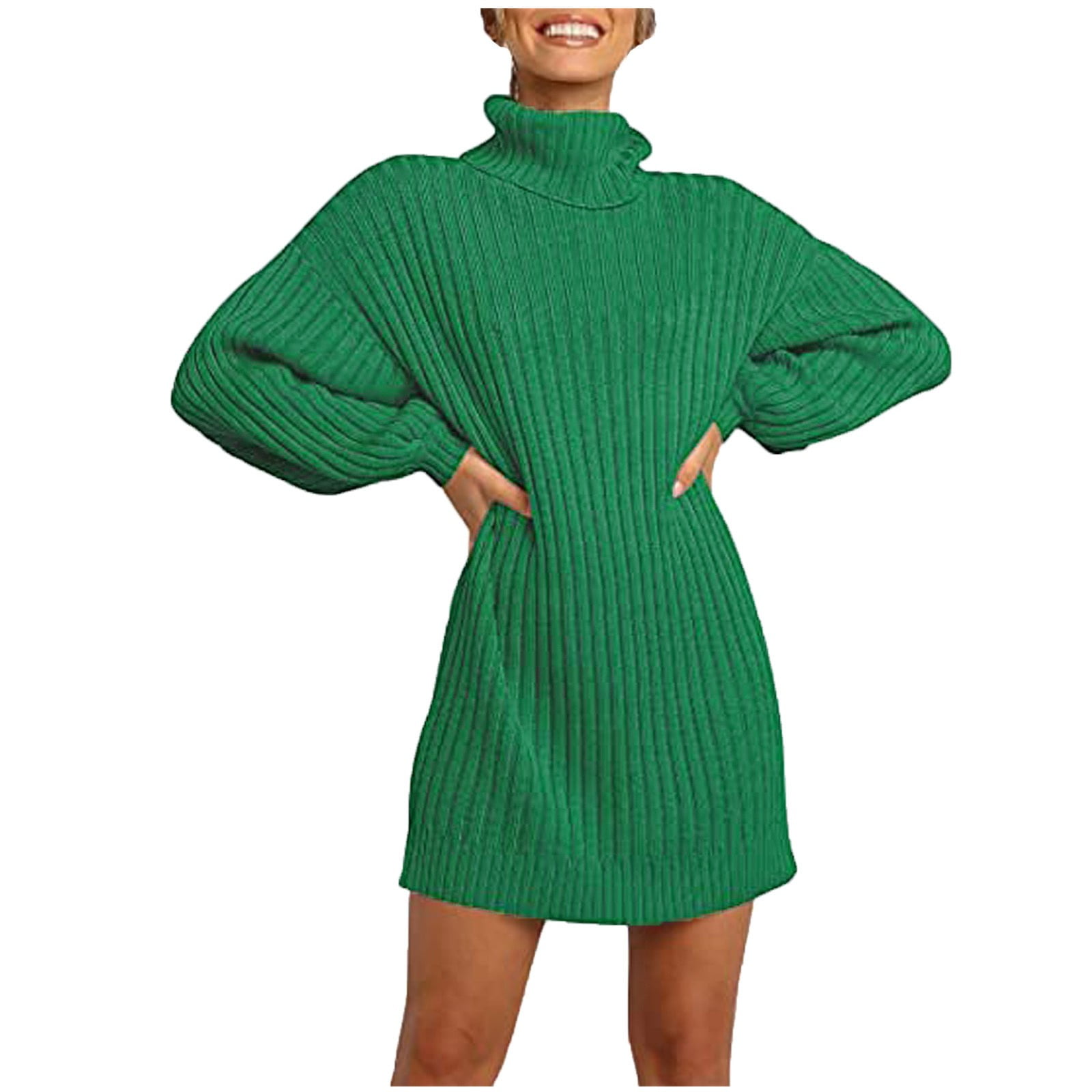 Turtleneck Sweater Dress Spring Women Solid Long Sleeve Sweater Dress Turtleneck Sweater Pullover Dress Green M