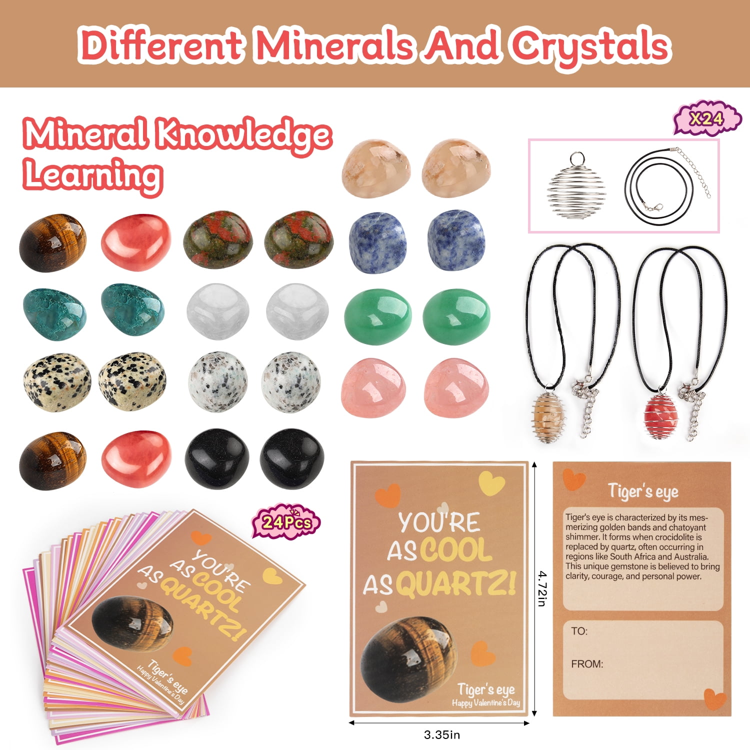 24 Sets Natural Gemstone Crystals Rocks Minerals Necklace Bulk, Exchange Card for Kids Girls Boys Class Classroom Party Favors