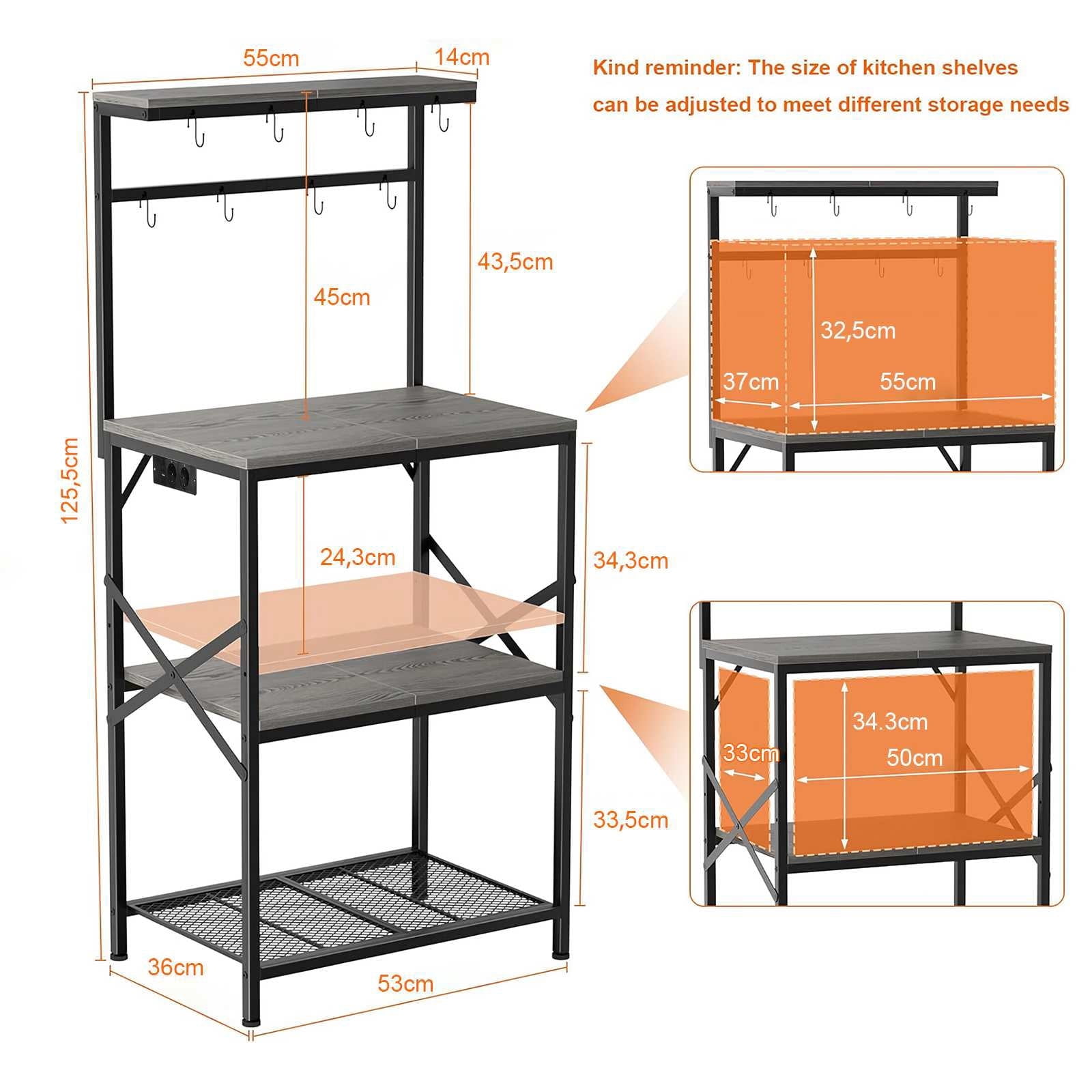 4-Tier Kitchen Storage Rack, Heavy Duty Microwave Stand with Hooks, Multifunctional Bakers Rack, Sturdy Carbon Steel Kitchen Organizer for Countertop Kitchen Utensil Storage