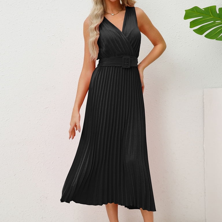 Clodeeu Women's Halter Neck Pleated Sleeveless Midi Dress with Belted , Casual Party Cocktail Dress Black,Womens Plus L, Size: Large