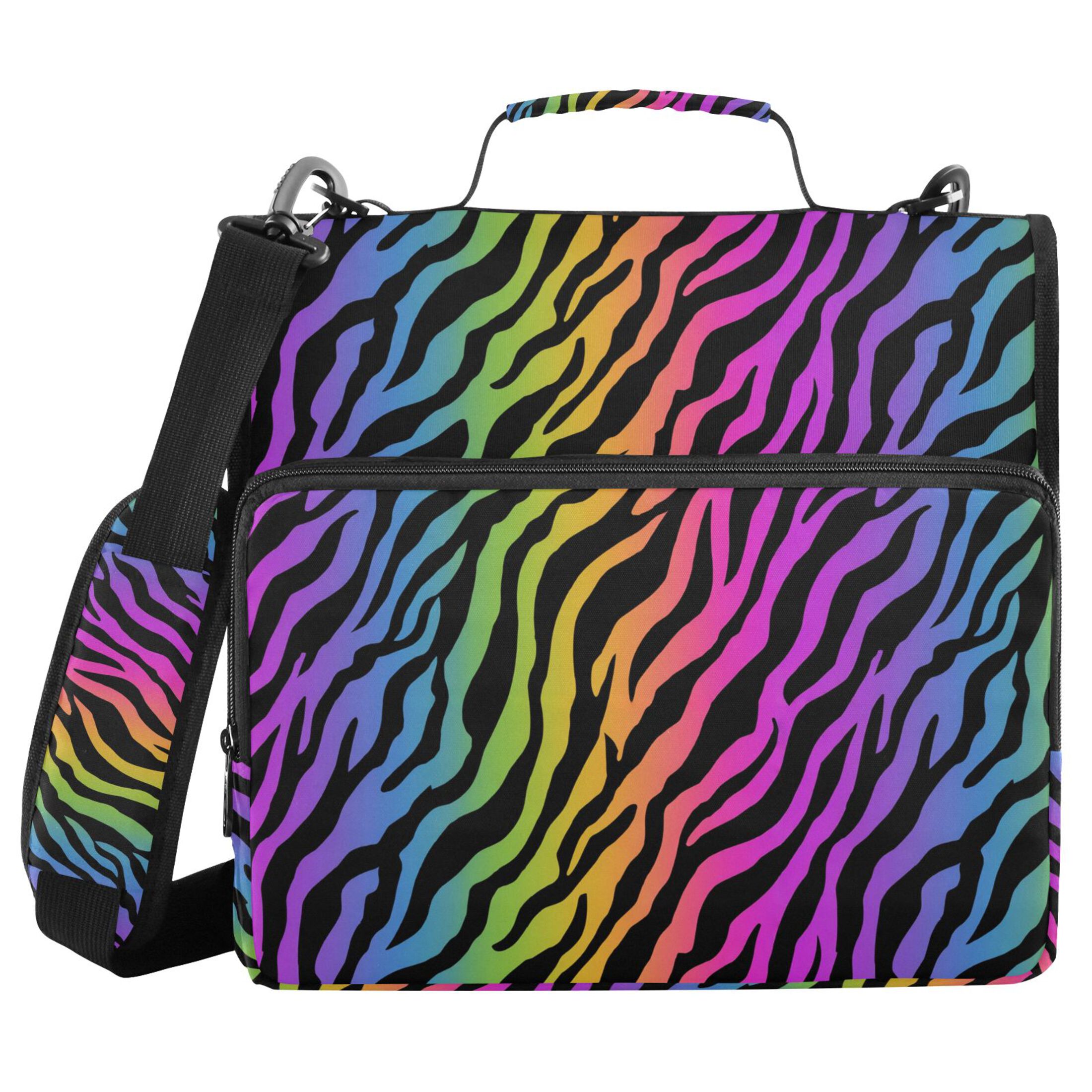 Zipper Binder Rainbow Zebra Stripes 1.5 Inch Binder Folder Bag with Shoulder Strap and Handle
