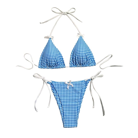 Wdgfv Women's 2 Piece Gingham Bikini Set Cute Triangle Thong Bikini Halter String Bathing Suit High Cut Cheeky Swimsuit