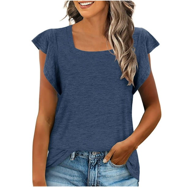 Tops de cuello cuadrado para mujer, camiseta de manga corta con volantes, blusas tipo túnica de verano holgadas OAVQHLG3B Store lin121212