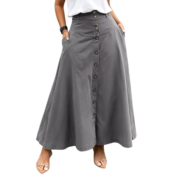 Women’s A-Line Skirt, High Waist Midi Skirt with Front Slit, Pockets, and Button Detail, Elegant and Practical for Work, Church, or Luncheon Outings. Gray 2XL