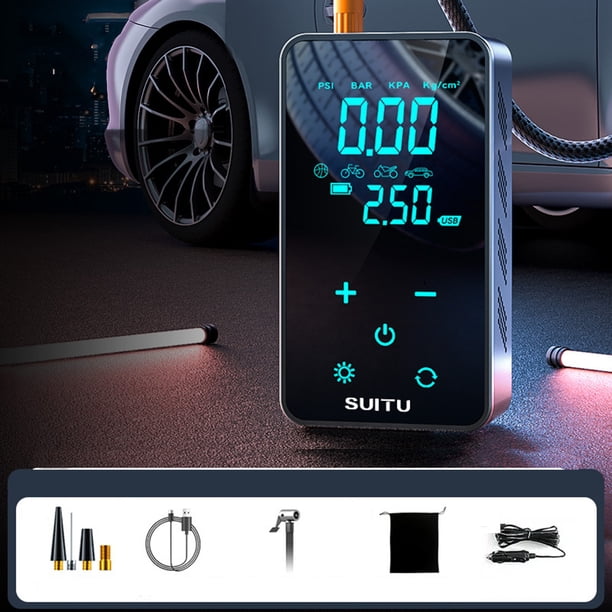 Compresor de aire portátil con pantalla táctil digital | Inflador de neumáticos de 150 PSI para coche, bicicleta y balón | Luz LED, parada automática, conector tipo C y cargador para coche