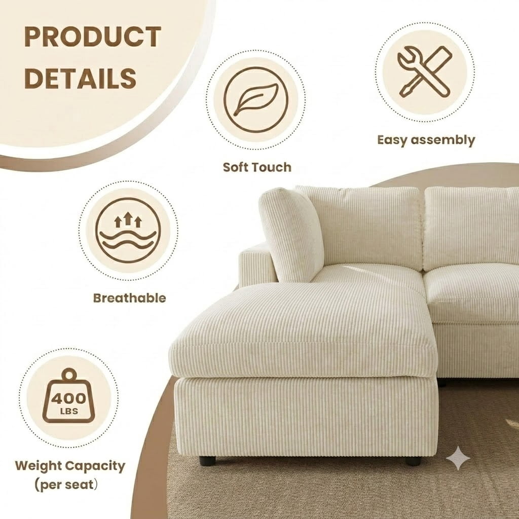 Howcool Cloud Couch Modular Sectional Sofa 6 Seat 122" L Shaped Reversible Convertible Couch, Corduroy Thick Cushion with Storage Ottomans, Washable Removable Cover for Living Room,Beige