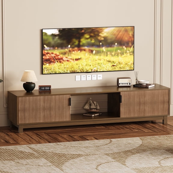 70" Modern Fluted TV Stand for TVs up to 80", Mid-Century Wooden Entertainment Center with Storage Cabinet & Open Shelves, Media Console for Living Room & Bedroom