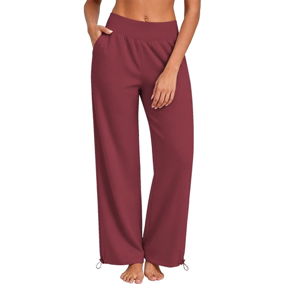 Oksale Yoga Sweatpants for Women Stretchy High Waisted Wide Legged Sweat Pants with Pockets Casual Trendy Side Drawstring Bottom Trousers Fall Clothes Wine M