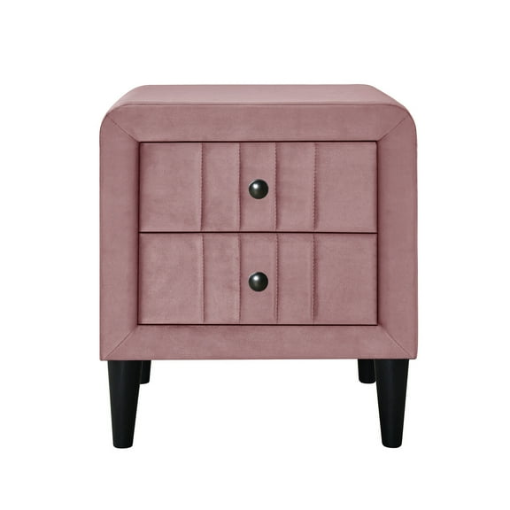 Simple Relax 2 Drawers Brushed Linen Fabric Nightstand with Tapered Shape Legs in Pink