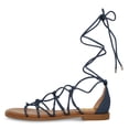 thumbnail image 2 of FSJ Women Open Toe Lace up Gladiator Sandals Woven Strappy Ankle Wrap Flats Summer Beach Outdoor Shoes Size 8 Navy, 2 of 5