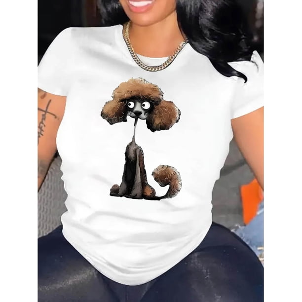 Women's Quirky Dog Print T-Shirt - Casual Round Neck Short Sleeve, Comfortable Polyester Blend Summer Top, Machine Washable