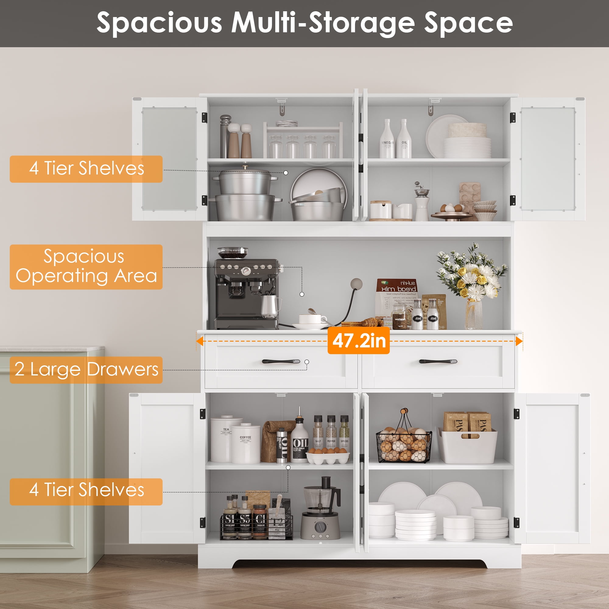 Homfa 71'' Tall 2 Drawer Kitchen Pantry Buffet Hutch, 4 Door Freestanding Cupboard Storage Cabinet, White