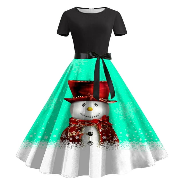 Pisexur Robe de Noël Mode Décontractée à Imprimé Floral Manches Courtes Col Rond Robe Haute pour Invité de Mariage, Robe de Fête de Noël