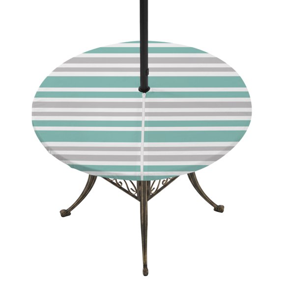 Round Outdoor Tablecloth with Umbrella Hole and Zipper, Turquoise Stripes Tablecloth with Elastic Waterproof, Modern Minimalist Horizontal Lines Patio Table Covers for 55" - 60" Picnic Pool Tables