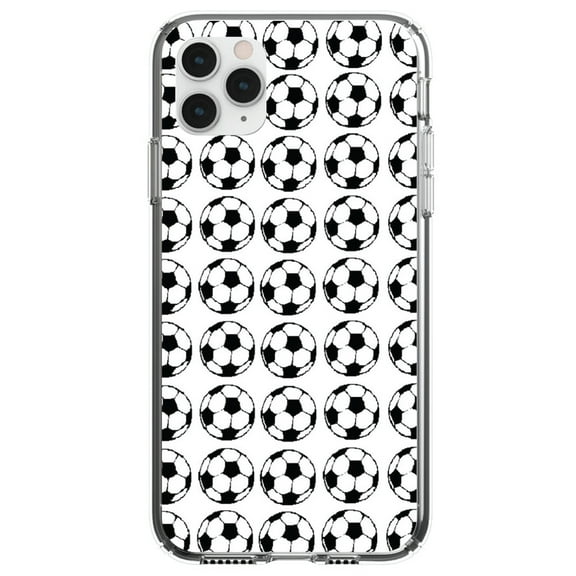 DistinctInk Clear Shockproof Hybrid Case for iPhone 12 MINI (5.4" Screen) - TPU Bumper, Acrylic Back, Tempered Glass Screen Protector - Soccer Balls Drawing