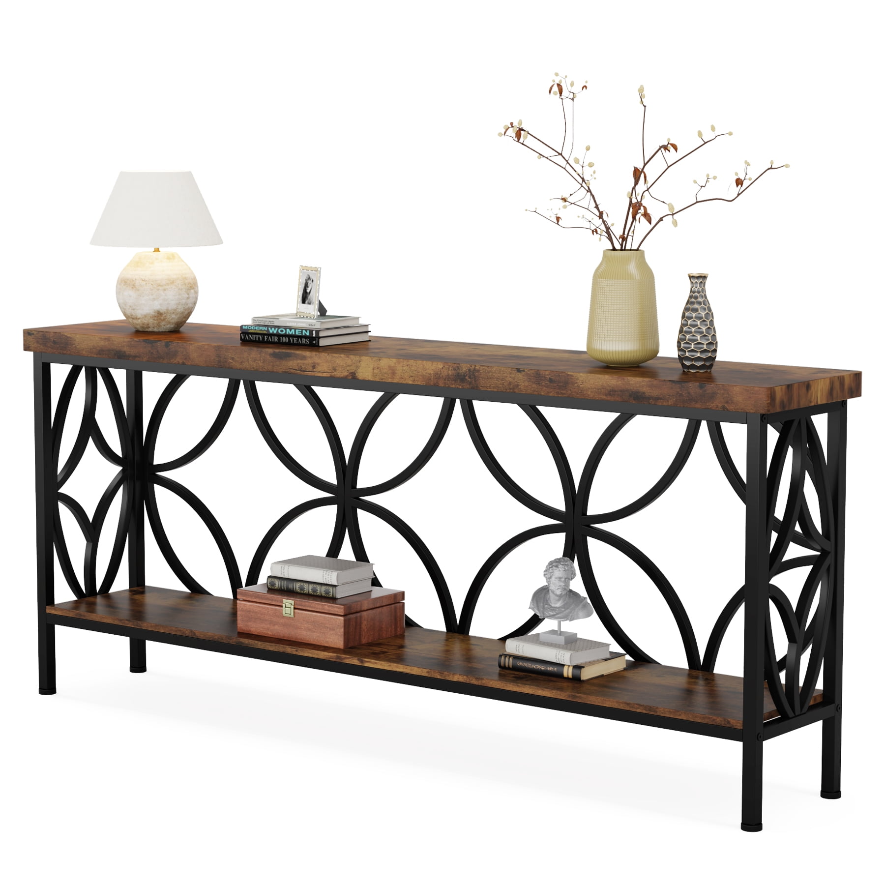Fnova 70.9" Industrial Console Table, 2-Tier Wood Storage Narrow Sofa Table, Behind Couch with Metal Frame, for Living Room, Entryway, Foyer, Easy Assembly