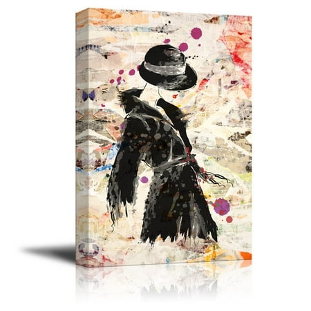 wall26 Canvas Wall Art - Watercolor Style Painting of a Woman in Black - Giclee Print Gallery Wrap Modern Home Decor Ready to Hang - 16x24