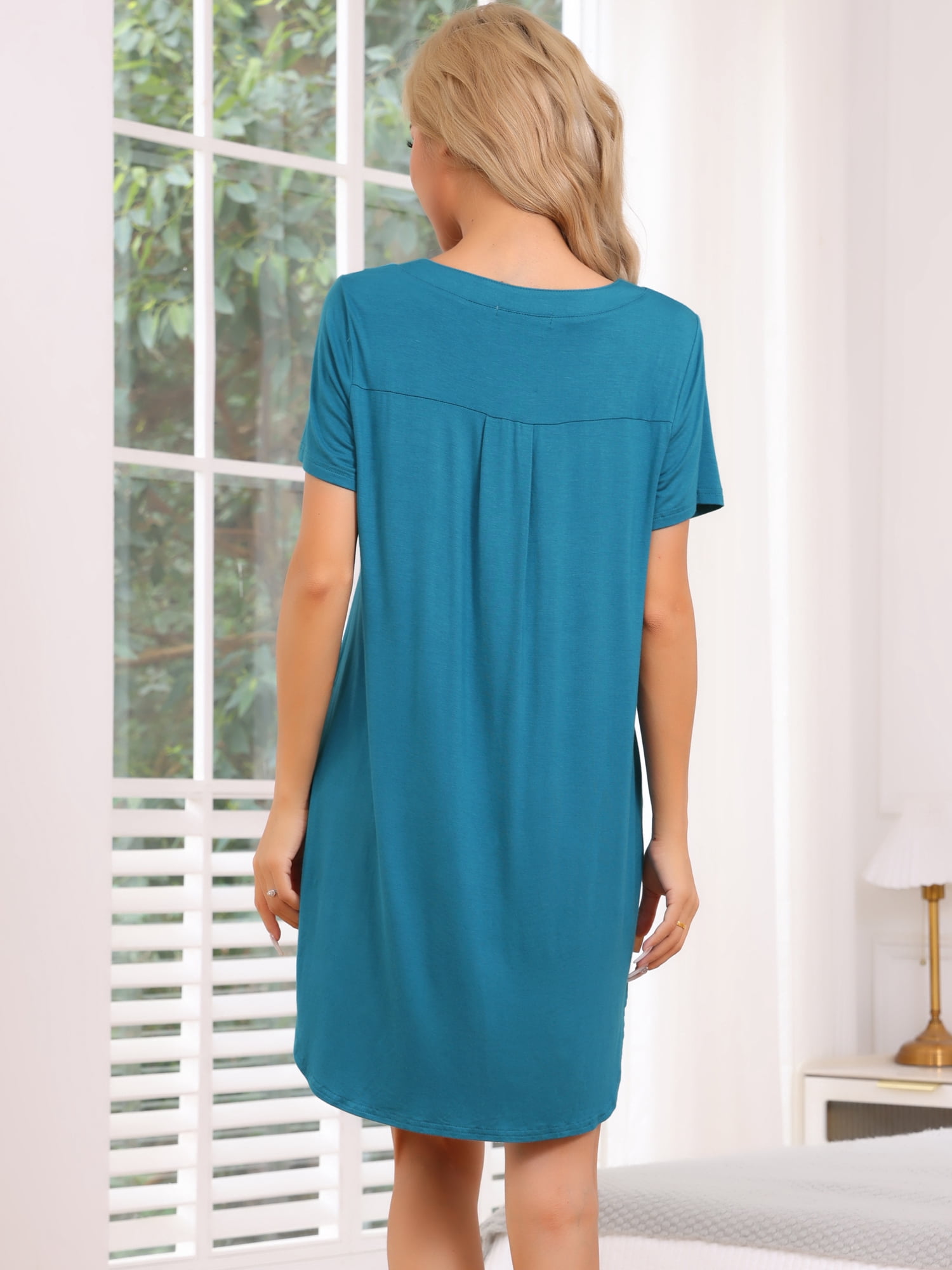 DARING DIVA Women's Short Sleeve Button Down Nightshirt XS Lake Blue