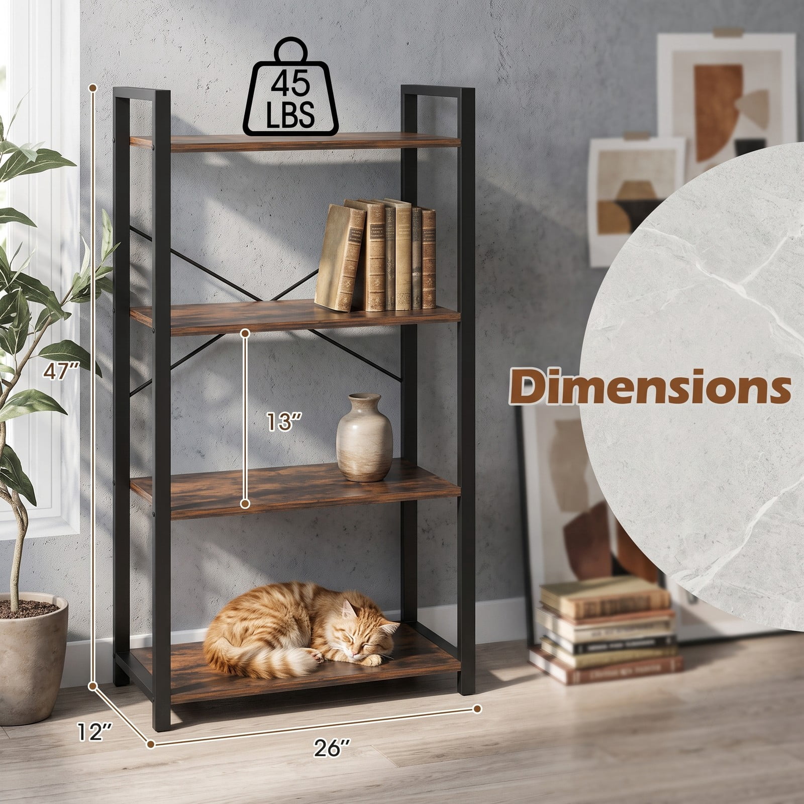 Furnibear 4-Tier Bookshelf with Heavy Duty Metal Frame, Industrial Freestanding Display Storage Shelf with X-Shaped Bracket and Anti-Tip Kits for Living, Rustic Brown