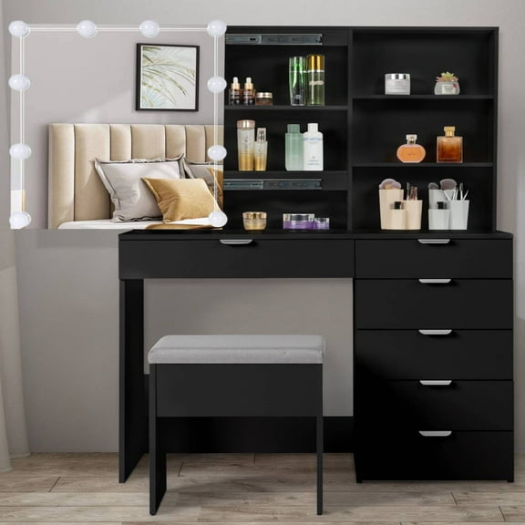 Ktaxon Vanity Set with 3 Color Lighted Mirror, Makeup Table with 6 Drawers, Dressing Table Makeup Desk with Stool,Black