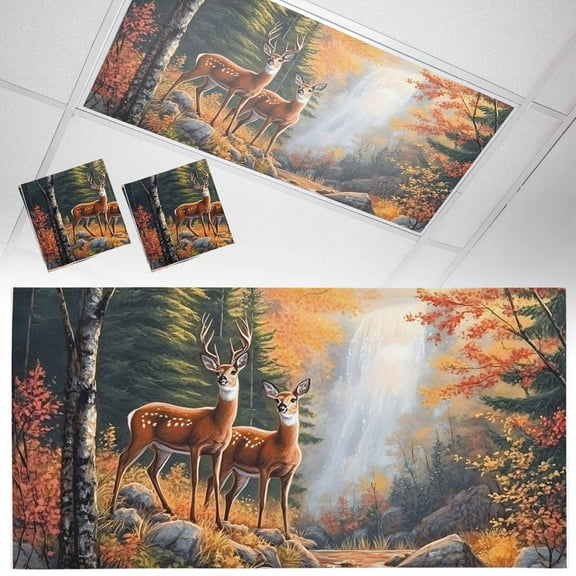 2 Pack Magnetic Fluorescent Light Covers, 2x4 Ft,Deer Vintage Wildlife Rustic Magnetic Light Covers for Ceiling Lights Classroom Office Home Decor