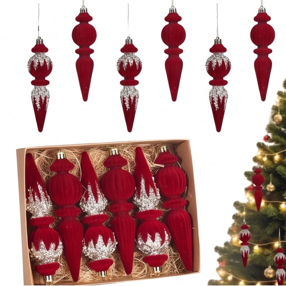 Christmas Tree Ornaments Set of 6, Red Velvet Flocked Hanging Decorations with Silver Glitter Accents, Holiday Home Fireplace Mantel Party Decor,
