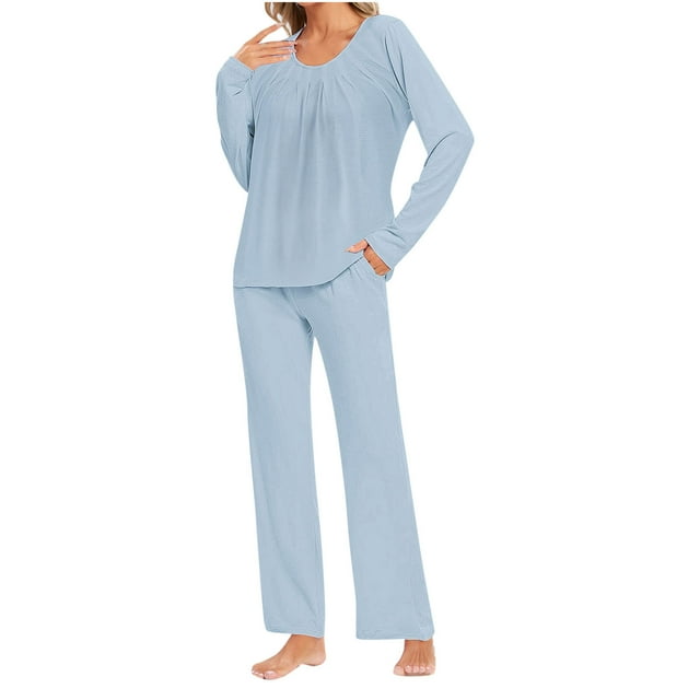 Yuyuzo Ensembles de Pyjama pour Femmes 2 Pcs Pyjamas Vêtements de Détente Col Ras du Cou Manches Longues Hauts Pantalons Doux avec Poches