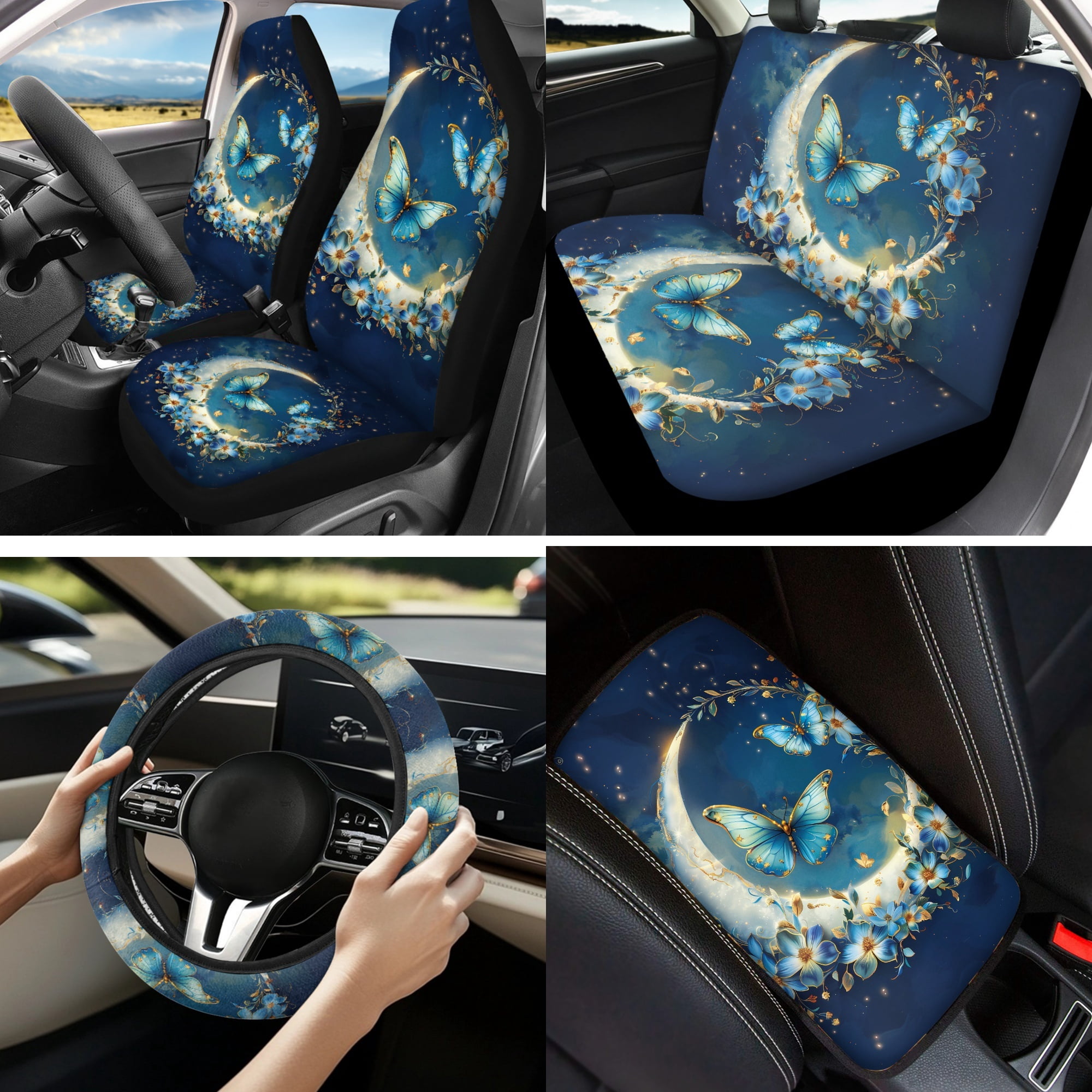 Jeiento Butterfly Car Accessories 13pcs Car Seat Covers and Steering Wheel Cover Moon Seat Belt Pad Cover Auto Armrest Cover Cushion Keychain Cup Holders Universal Fit