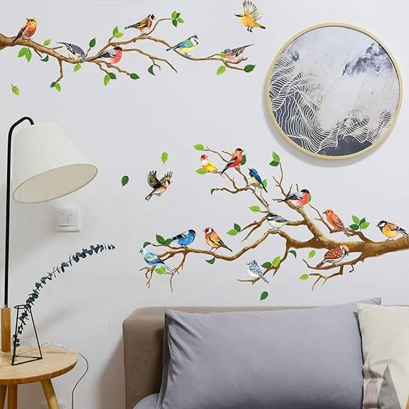 Hummingbird on The Tree Branch Wall Sticker, Green Leaf and Flying Bird DIY Art Vinyl Wall Decal, Self-Adhesive Wall Decoration for Garden Living Room Bedroom Kitchen Playroom Nursery Room