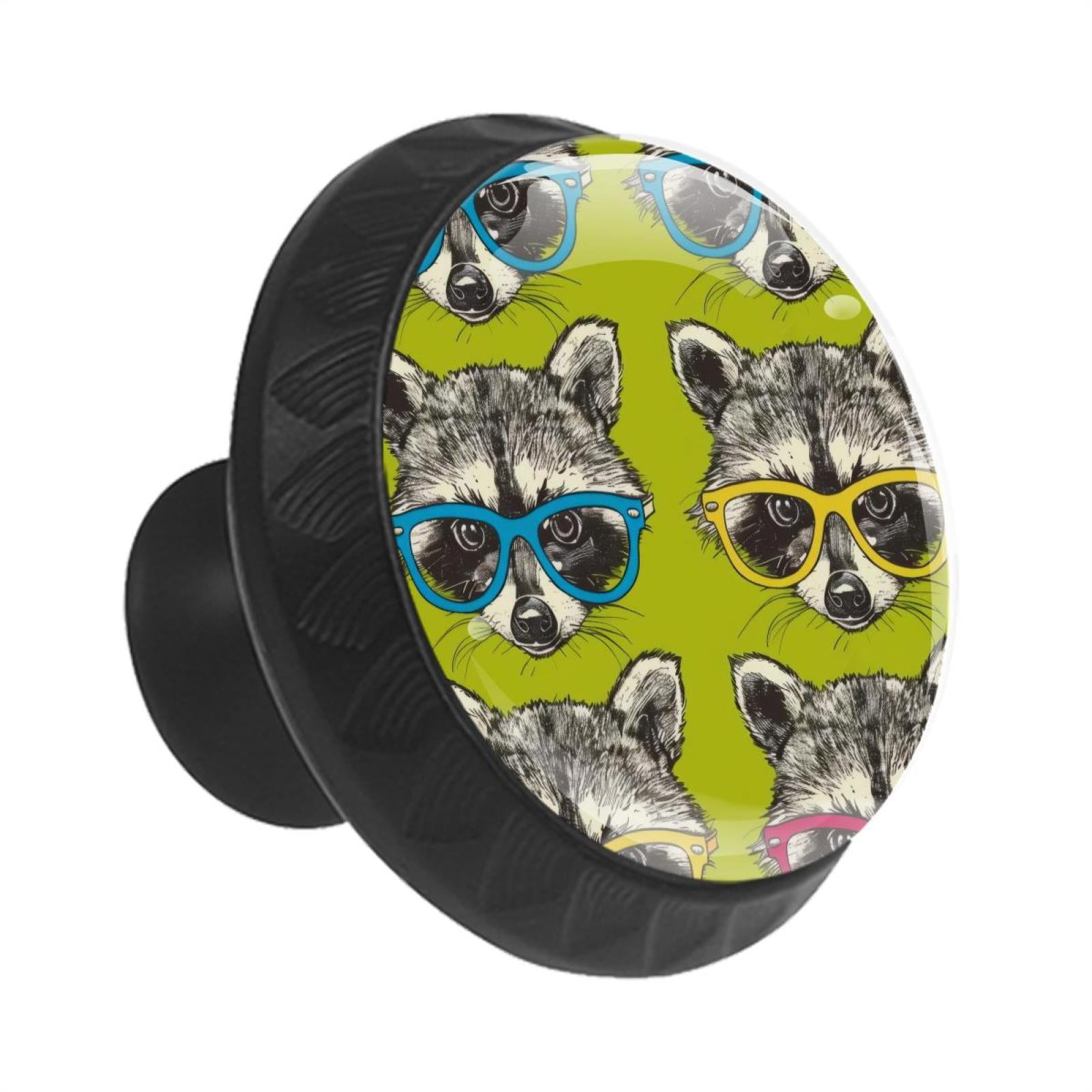 12 Pcs Cabinet Knobs Heads of Cute Raccoons in Colored Glasses, Round Crystal Glass Drawer Dresser Wardrobe Handles Pulls Door Cupboard Hardware Knob with Screws for Home Kitchen