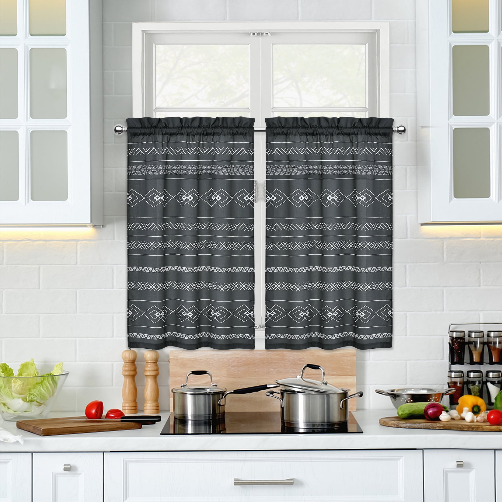 Tzou Geometric Kitchen Curtains, Farmhouse Kitchen Curtains 24inch Long