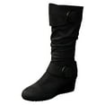 thumbnail image 6 of Rokment Slouchy Buckles Mid Calf Dress Boots for Women Ladies Fall Winter Trendy Round Toe Wedge High Heels Wide Calf Tall Boots Black Size 6.5, 6 of 7