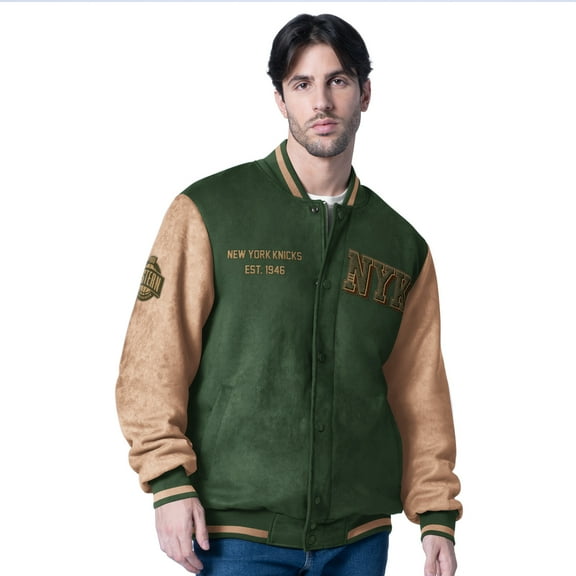 Men's G-III Sports by Carl Banks Olive New York Knicks Infielder Faux Suede Full-Zip Varsity Jacket