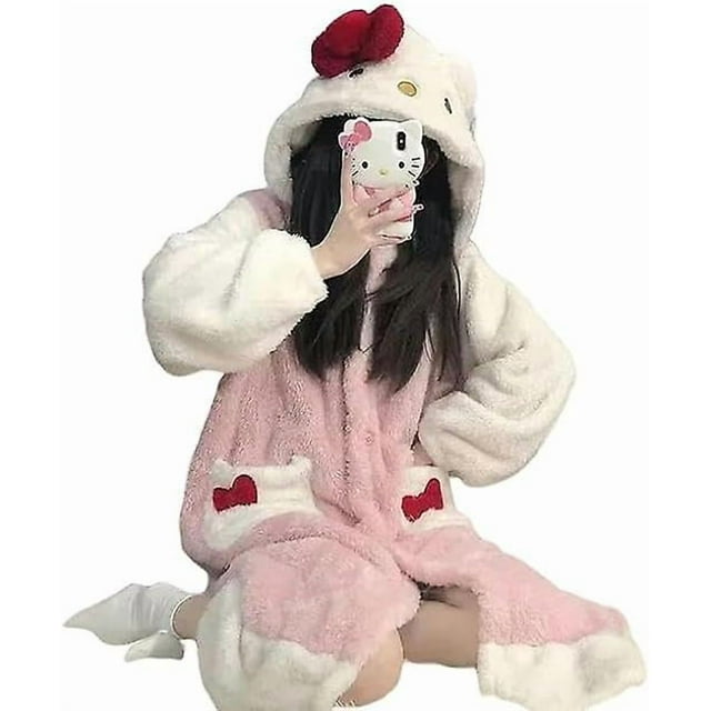 Piece Pajamas Kawaii Plush Lounge Wear Women's Pajamas Robe Hooded Cute Pajamas Plush Long Pajamas Gift M