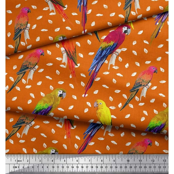 Soimoi Orange Poly Georgette Fabric Macaw Parrot Bird Printed Fabric 1 Yard 42 Inch Wide