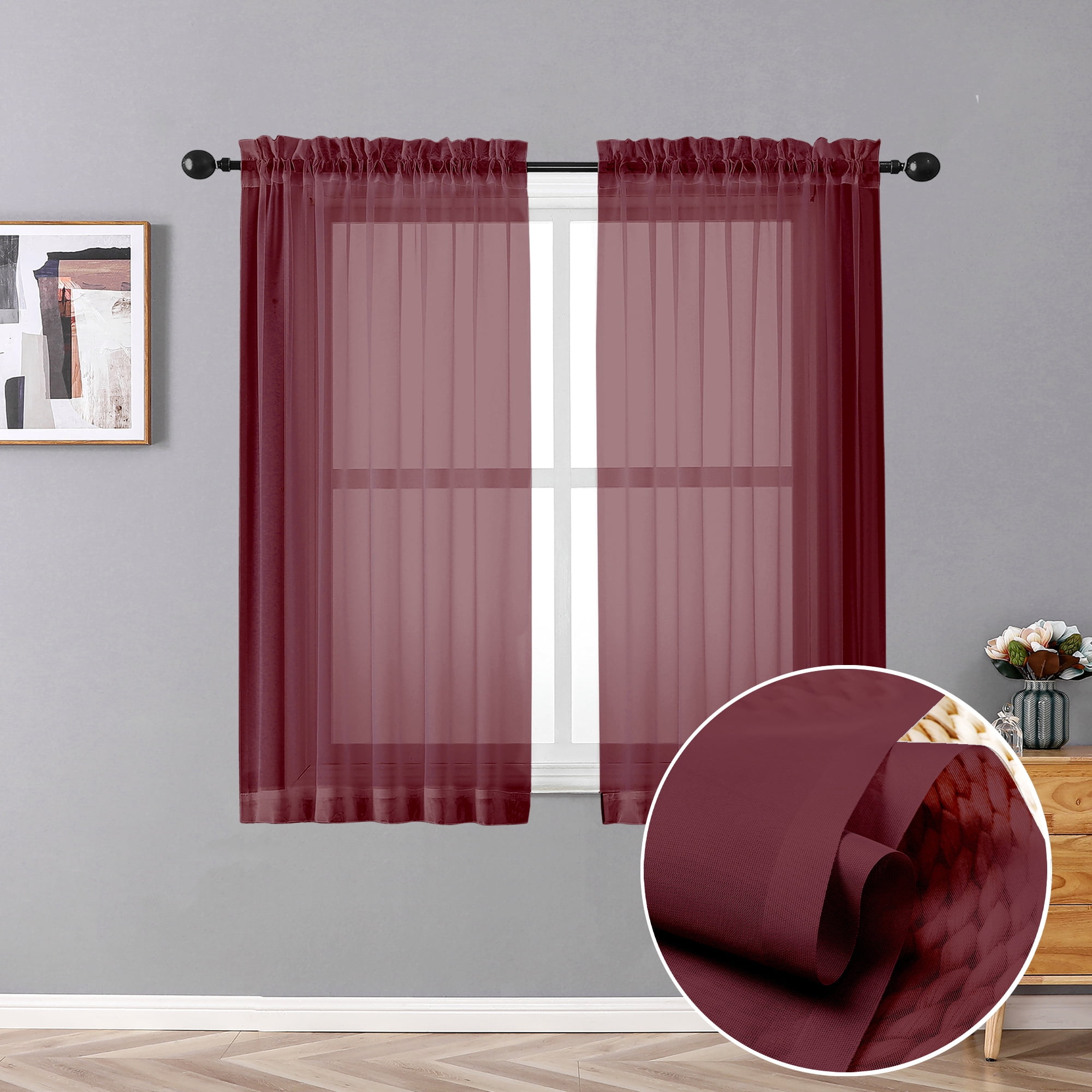 OVZME Short Sheer Curtains 54 inches Length 2 Pieces, Light Filtering Soft Voile Kitchen