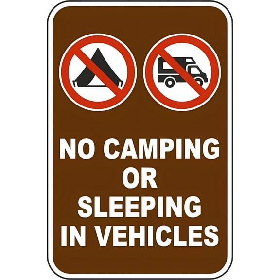 No Camping Or Sleeping in Vehicles Sign - 8"x12" Property Security Recreation Metal Tin, Park Campground Decor for Home Work Outdoor Indoor