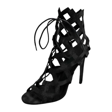 

Black Caged Lace-Up High Heel Womens Booties Size 9