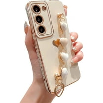 Samsung Galaxy S21 5g Phone Case with Heart Bracelet Chain Strap Luxury Plating Cute Love Hearts Cover with Aesthetic Hearts Hand Chain for Women Camera Protection Shockproof Bumper (White)