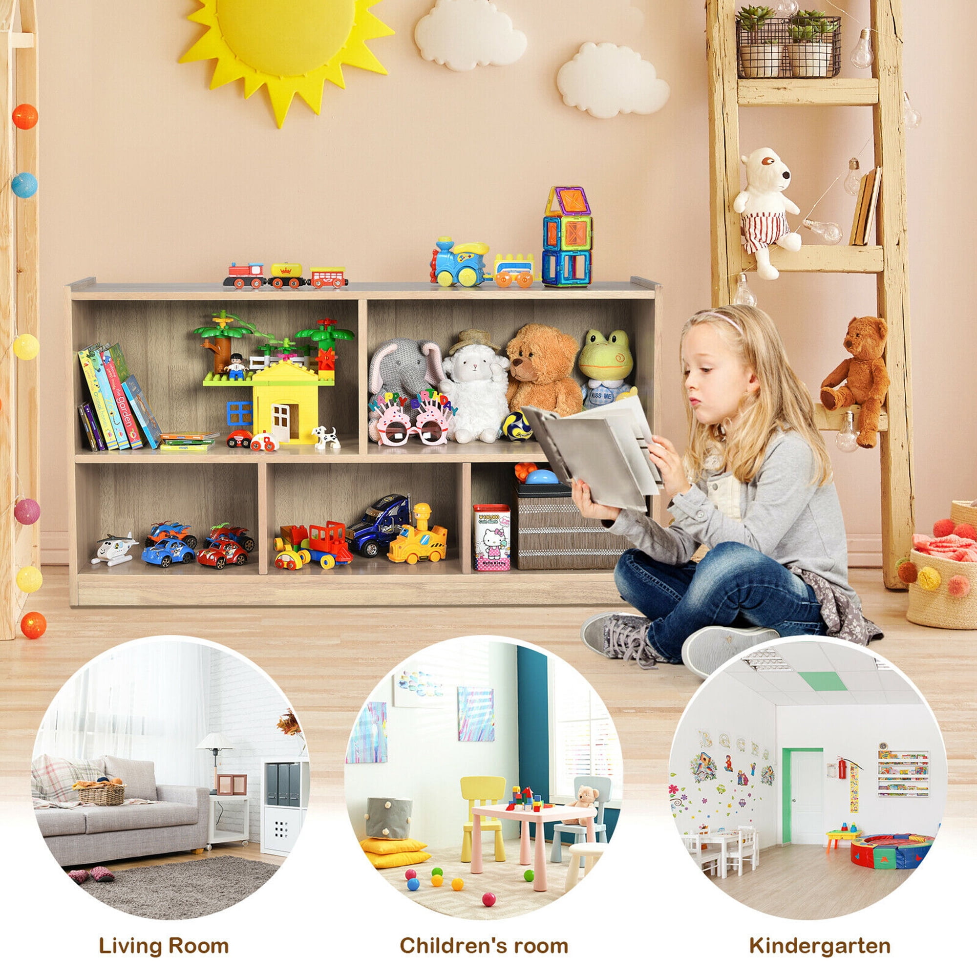 Gymax Kids 5-Cube Storage Cabinet 2-Shelf Wood Bookcase Organizer Natural