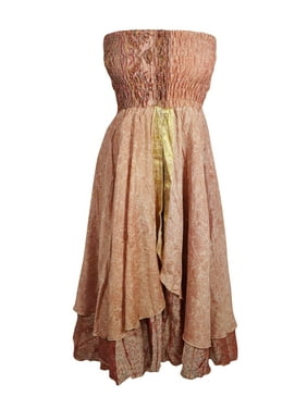 Mogul Women Maxi Skirt Printed Dress Recycled Sari Flared Skirt, Hi Low Dresses, Strapless Dress, Two Layer Skirt S/M