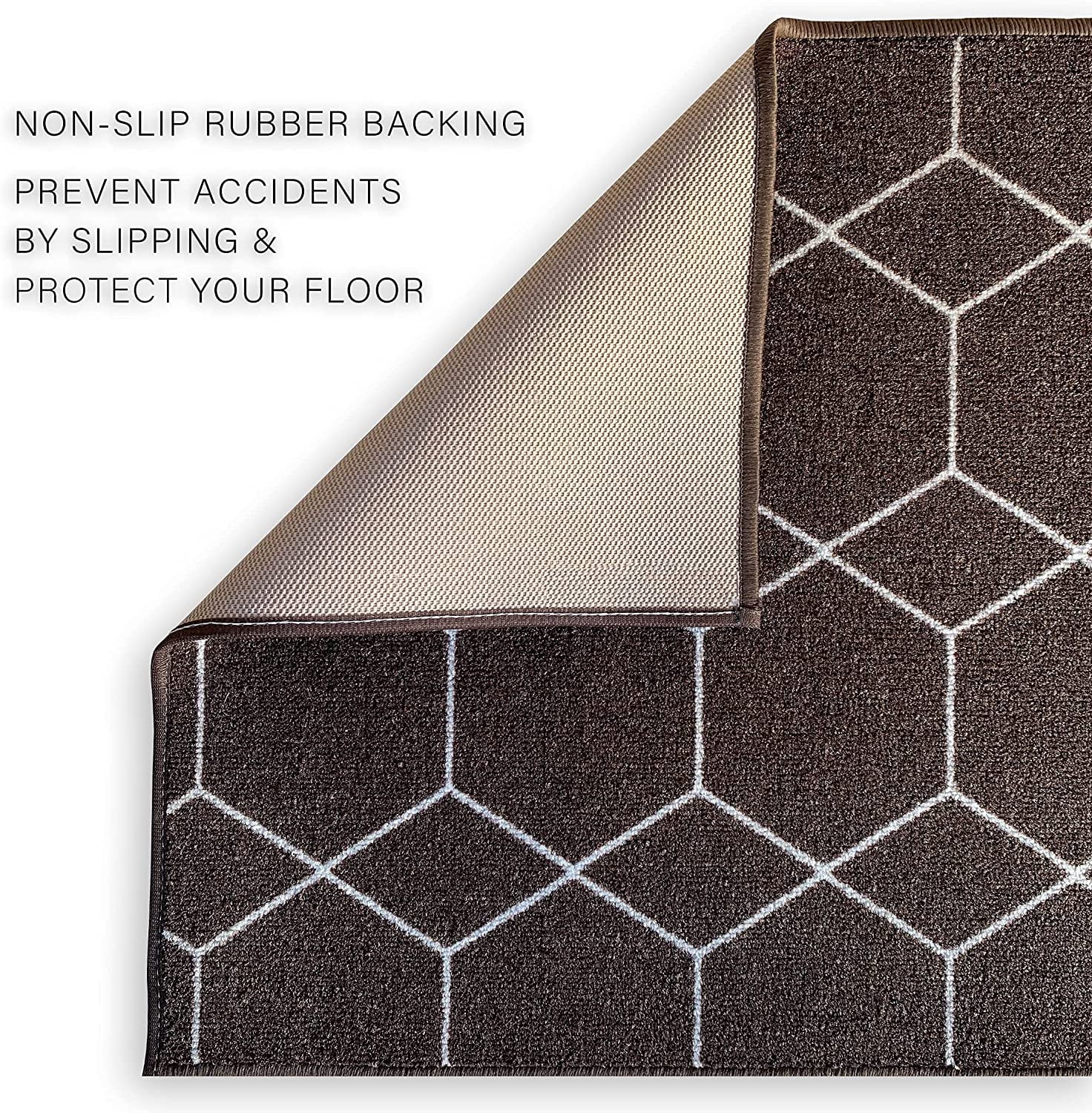 Custom Size Runner Rug Hexagon Trellis Design Brown Color 26 or 31 inch Wide Pick Your Length Non-Slip Rubber Backing Stair Runner